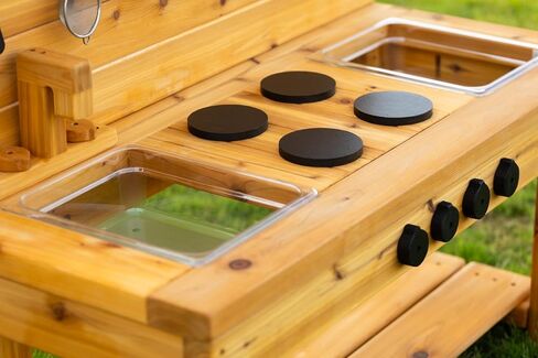 Noble Toys XL Cedar Outdoor Mud Kitchen Centered with Backsplash and Stovetop for Toddlers Kids | Pretend Play Table | Sensory Table | Outside Playset | Real Wooden Kitchens | Preschool Equipment in Saudi Arabia