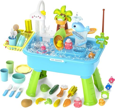 4-in-1 Electric Water Table Toy for Toddlers 1-3,Kitchen Play Sink Toys with Running Water for Kid with Water Pump,Animals, Food, Tableware,Pretend Role Birthday Toy for Boy and Girl in Saudi Arabia
