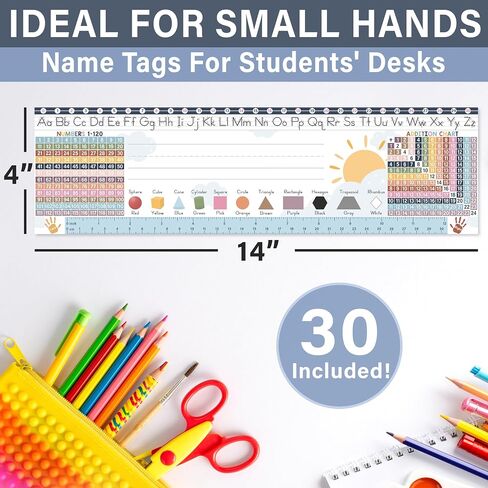KING PRINT 30 Boho Desk Name Tags for Classroom (14x4) - Traditional Manuscript Name Plates - Student Name Tags for Desks Classroom Learning Handwriting Alphabet, Number Line, Colors, Shapes, Number in Kuwait