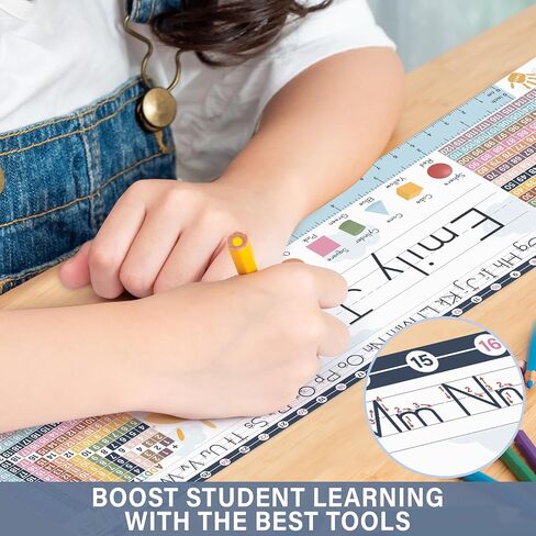 KING PRINT 30 Boho Desk Name Tags for Classroom (14x4) - Traditional Manuscript Name Plates - Student Name Tags for Desks Classroom Learning Handwriting Alphabet, Number Line, Colors, Shapes, Number in Kuwait