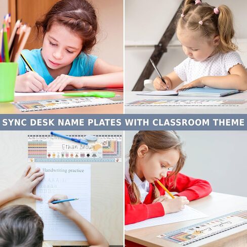 KING PRINT 30 Boho Desk Name Tags for Classroom (14x4) - Traditional Manuscript Name Plates - Student Name Tags for Desks Classroom Learning Handwriting Alphabet, Number Line, Colors, Shapes, Number in Kuwait