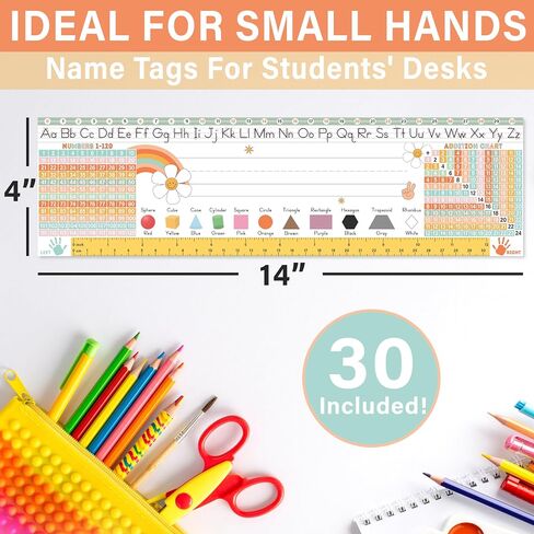 KING PRINT 30 Boho Desk Name Tags for Classroom (14x4) - Traditional Manuscript Name Plates - Student Name Tags for Desks Classroom Learning Handwriting Alphabet, Number Line, Colors, Shapes, Number in Kuwait