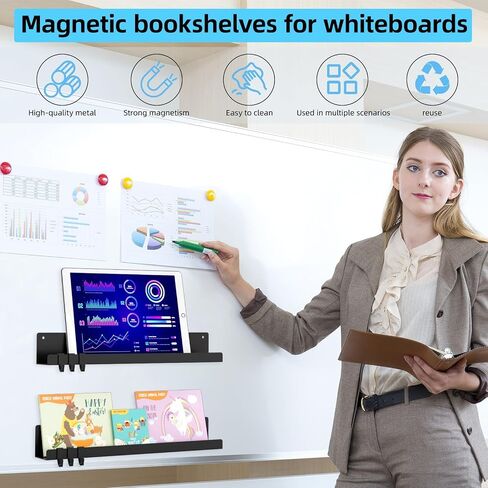 2-Pack Magnetic Book Shelf for Whiteboard - 17 Inch Reusable Metal Magnetic Shelves, Holds 14.33 lbs, Magnetic Book Display for Classrooms, Kitchen(New White) in Saudi Arabia