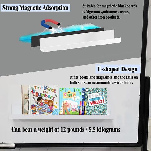 2 Pack White Magnetic Book Shelf for Whiteboard - 17 Inch Reusable Acrylic Magnetic Shelves, Holds 12 lbs, Magnetic Book Display for Classrooms, Kitchen, Kids' Room in Saudi Arabia