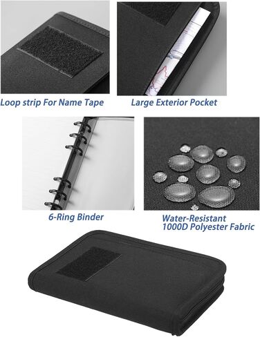 GEEDUD Padfolio Ring Binder with 80 Sheets 160 Pages of Loose-Leaf Paper, Weatherproof Notebook Cover, Tactical Notebook with Zippered for Folders, Cards Refillable 6-Ring Notepad(Black,A5,7.3"x10.1") in Kuwait