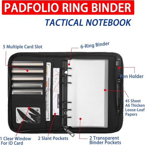 Geedud Padfolio Ring Binder مع 80 ورقة 160 صفحة من ورق الورق فضفاضة ، غلاف دفتر الملاحظات المقاوم للعوامل الجوية ، دفتر ملاحظات تكتيكي مع سحاب للمجلدات ، البطاقات القابلة لإعادة الملء 6 حلقات (أسود ، A5،7.3 "× 10.1") in Kuwait