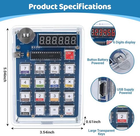 MiOYOOW 6-Digit DIY Calculator Kit, USB/Battery Powered Calculator Soldering Practice Kit with Resistance Value Measurement, Practical Electronics Projects for School Learning and Home Office Use in Saudi Arabia