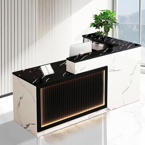 Modern Reception Desk with LED Lights L Shaped Office Front Desk Counter Black and White Reception Table Retail Checkout Counter for Shop Salon Lobby Right Corner 180cm/71inch in Saudi Arabia