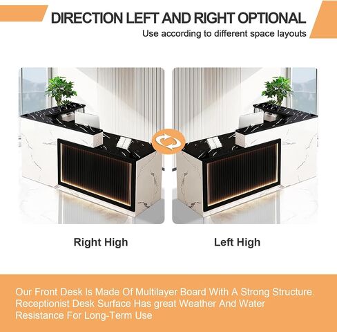 Modern Reception Desk with LED Lights L Shaped Office Front Desk Counter Black and White Reception Table Retail Checkout Counter for Shop Salon Lobby Right Corner 180cm/71inch in Saudi Arabia