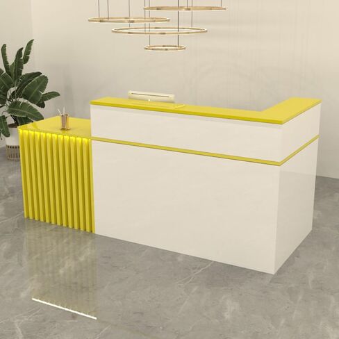 LITFAD L-Shape Checkout Counter Wood Reception Desk wih Keyboard Tray, Hutch, Desk Return and Lockable Drawer, Filing Cabinet, Modern Counter for Office, Lobby, Beauty Salon, Store - Wood/White in Saudi Arabia