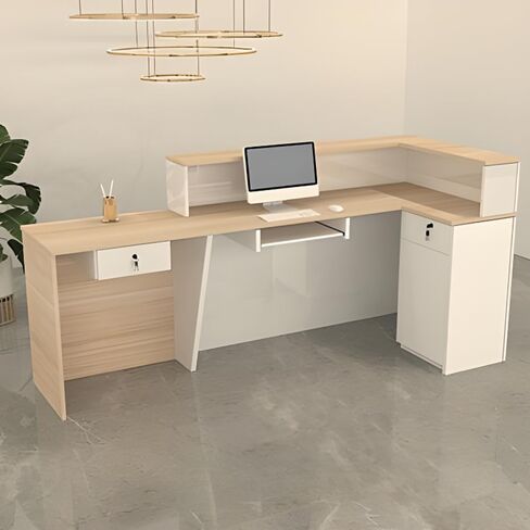 LITFAD L-Shape Checkout Counter Wood Reception Desk wih Keyboard Tray, Hutch, Desk Return and Lockable Drawer, Filing Cabinet, Modern Counter for Office, Lobby, Beauty Salon, Store - Wood/White in Saudi Arabia