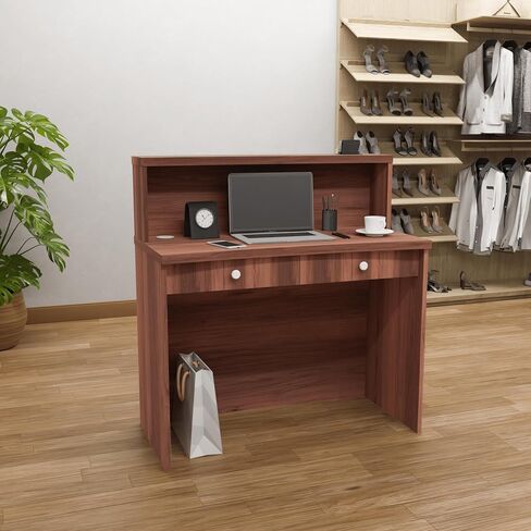UGOS MONO WALNUT MODERT DESSEPTION DESATE مع عداد المعاملات | سطح المكتب صفح | مكتب الاستقبال متعدد الوظائف للمنزل والمكتب والصالون والمنتجعات واللوبي (40 بوصة (100 سم)) in Kuwait