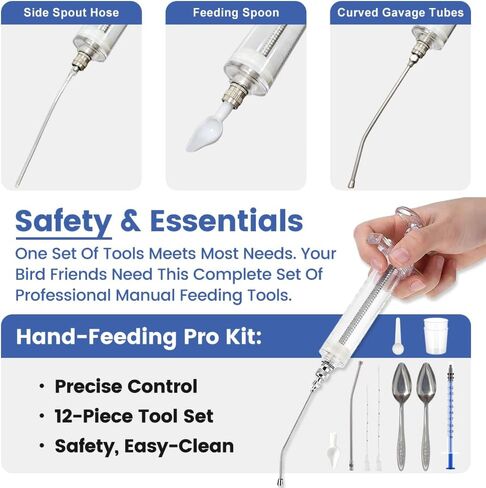 Baby Bird Feeding Syringe Set 12pcs 50ml Parrot Small Pet Hand Feeding Syringe Include Stainless Steel Spoon, Measuring Cup and Spoon, Hose, Curved Gavage Tube, Storage Bag, etc in Saudi Arabia