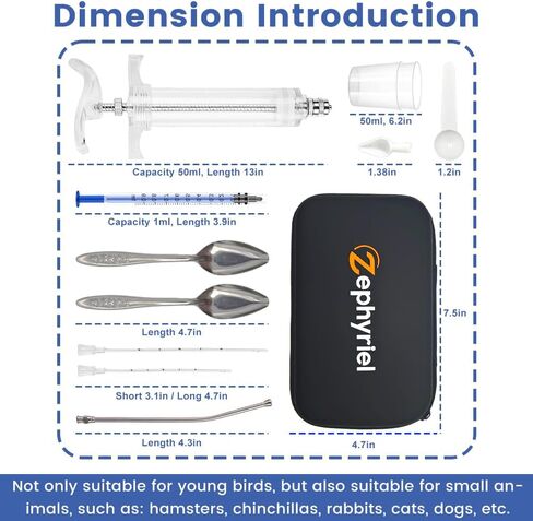 Baby Bird Feeding Syringe Set 12pcs 50ml Parrot Small Pet Hand Feeding Syringe Include Stainless Steel Spoon, Measuring Cup and Spoon, Hose, Curved Gavage Tube, Storage Bag, etc in Saudi Arabia
