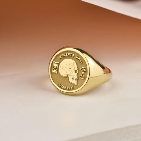 14K Solid Gold Memento Mori Signet Ring | Amor Fati Signet Ring | Stoicism Round Ring | | Marcus Aurelius Ring | Philosophy Jewelry | Death Reminder Ring | Gift for Stoic | Life and Death Ring Amulet in Saudi Arabia