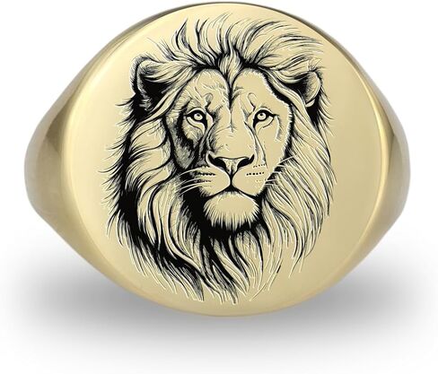 Gold Engraved Lion Sketch Signet Ring - Majestic Animal Jewelry - Unique Lion Symbol Design in Saudi Arabia
