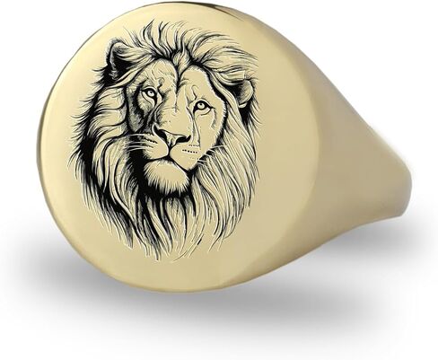 Gold Engraved Lion Sketch Signet Ring - Majestic Animal Jewelry - Unique Lion Symbol Design in Saudi Arabia