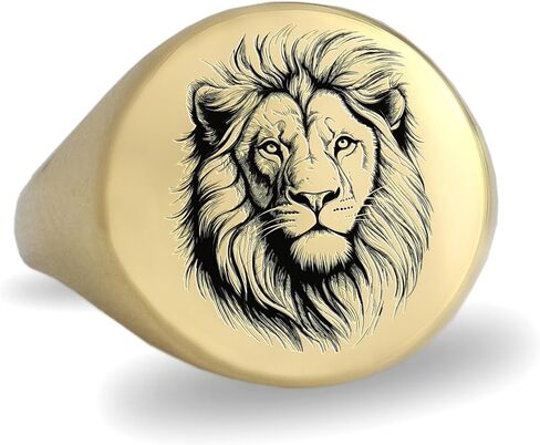 Gold Engraved Lion Sketch Signet Ring - Majestic Animal Jewelry - Unique Lion Symbol Design in Saudi Arabia