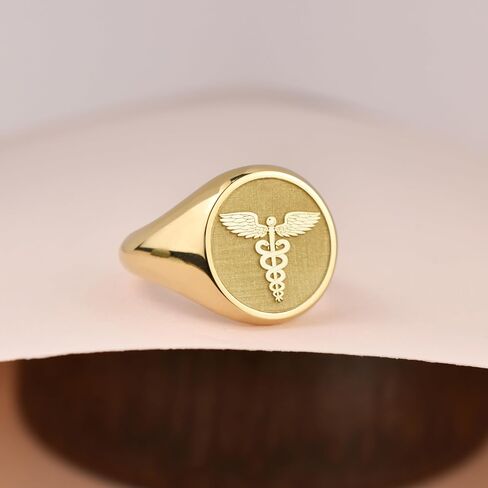 14K Solid Gold Medical Symbol Signet Ring | The Caduceus Ring for Medic Student | Graduation Gift | Medical School Graduate Ring | Personalized Health Symbol Ring | Medic Jewelry | Gift for Doctor in Saudi Arabia