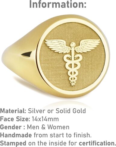 14K Solid Gold Medical Symbol Signet Ring | The Caduceus Ring for Medic Student | Graduation Gift | Medical School Graduate Ring | Personalized Health Symbol Ring | Medic Jewelry | Gift for Doctor in Saudi Arabia