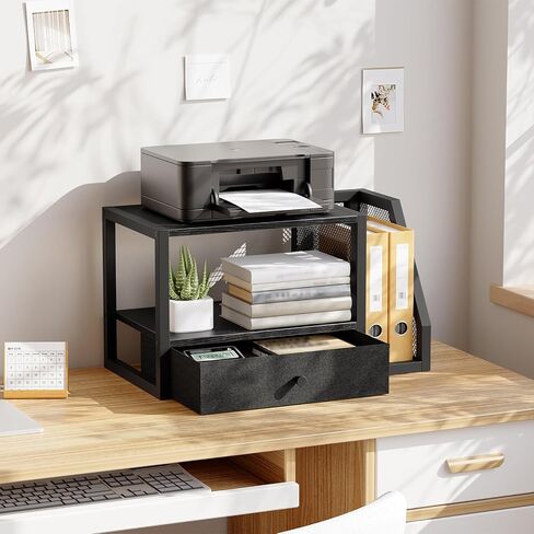 Home Printer Stand for Desk, Desktop Printer Table with Storage Drawer and Side Book Stand, 2-Tier Printer Shelf, Desk Organizer for Home Office, Rustic Brown and Black PTHR3001 in Saudi Arabia