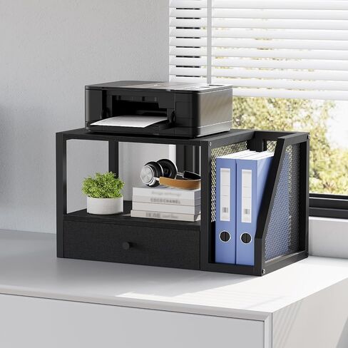 Home Printer Stand for Desk, Desktop Printer Table with Storage Drawer and Side Book Stand, 2-Tier Printer Shelf, Desk Organizer for Home Office, Rustic Brown and Black PTHR3001 in Saudi Arabia