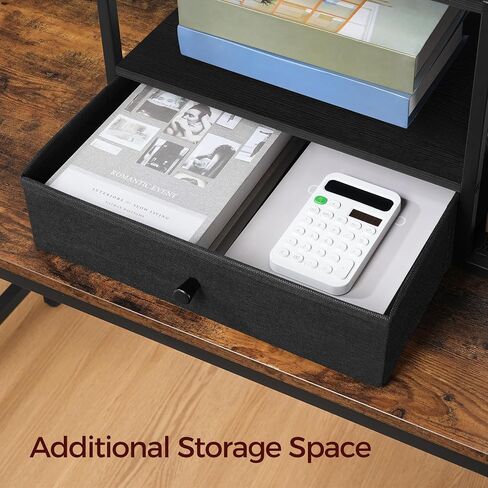 Home Printer Stand for Desk, Desktop Printer Table with Storage Drawer and Side Book Stand, 2-Tier Printer Shelf, Desk Organizer for Home Office, Rustic Brown and Black PTHR3001 in Saudi Arabia