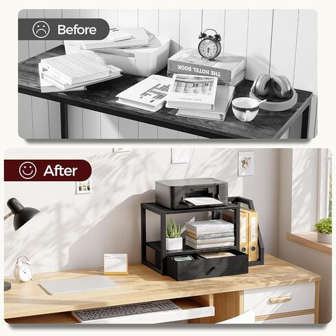 Home Printer Stand for Desk, Desktop Printer Table with Storage Drawer and Side Book Stand, 2-Tier Printer Shelf, Desk Organizer for Home Office, Rustic Brown and Black PTHR3001 in Saudi Arabia