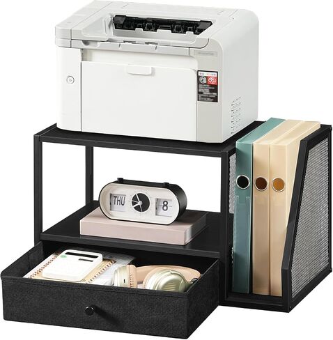 Home Printer Stand for Desk, Desktop Printer Table with Storage Drawer and Side Book Stand, 2-Tier Printer Shelf, Desk Organizer for Home Office, Rustic Brown and Black PTHR3001 in Saudi Arabia