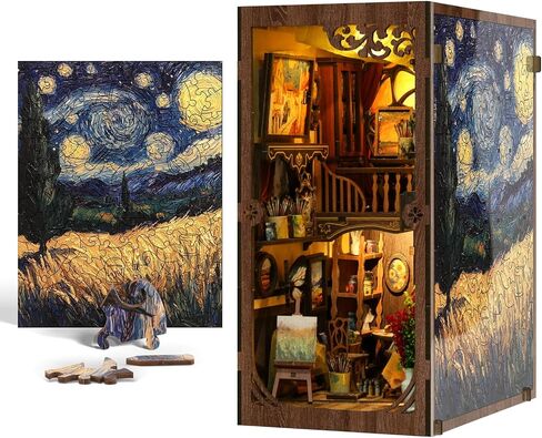 Book Nook Kit with DIY Puzzle, 3D Diorama Kit Wooden Miniature Dollhouse Booknook for Teens Adults, Tiny House Bookshelf Insert Decor with LED Light and Dust Cover, Bookend Gift for Friends Family in Saudi Arabia