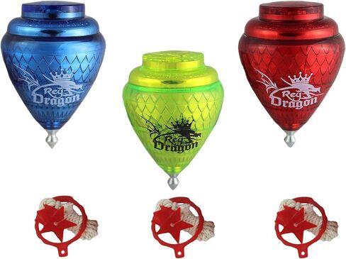 3 Pack Rey Dragon Durable Plastic Spin Tops for Kids Metal Tip Made in Mexico - Trompo Mexicano Rey Dragon Plástico Durable & Punta de Metal (Pack of 3 Assorted Colors) in Saudi Arabia