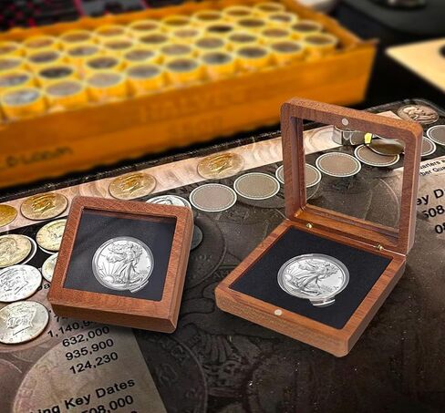 Challenge Coin Display Case Silver Dollar Coin Holder 1.8" in Single Coin Display Case Wood Coins Storage Box Coins for Collectors in Kuwait