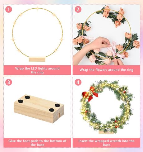 12 بوصة 15 مجموعات مركزية معدنية الأزهار المركزية مع حوامل الخشب وأضواء خرافية LED ، حلقات معدنية ذهبية لعيد الميلاد الحلم جدول الزفاف ديكور الزهور ، جدار الزهور معلوفة الجدار in Kuwait