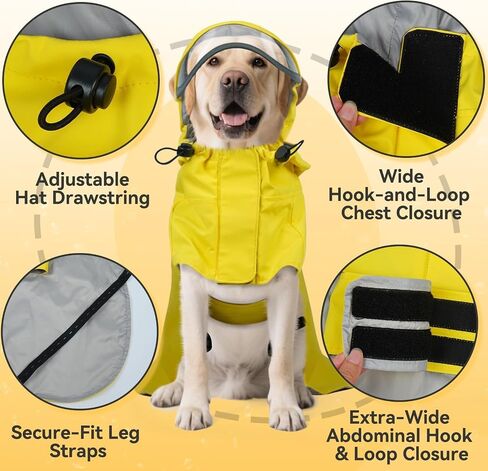 Dora Bridal Dog Dog Cloat للكلاب الكبيرة ، سترة المطر الصافية المقنعين ، الكلاب المضادة للماء معطف المطر مع شرائح عاكسة للابرادور ، المسترد الذهبي ، الراعي الألماني ، الأصفر ، 2XL in Kuwait