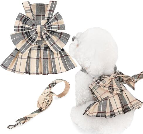 PUPTECK Plaid Dog Dress with Leash - Cute Puppy Harness Clothes for Small Medium Sized Dogs, Outfits for Girl Puppy Wedding Birthday Costume in Saudi Arabia