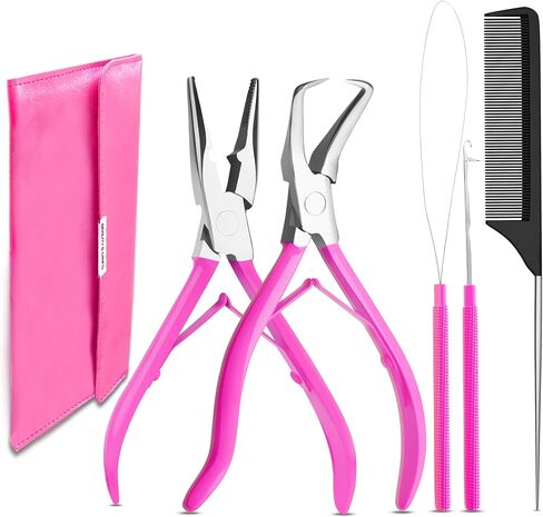 Beauty & Crafts Micro Links Hair Extensions Kit- Stainless Steel Beads Closer and Remover plier, Hair Extensions Loop Needle Pulling Hook, Bead Tool for Hair or Feather Extensions with Leather Pouch in Saudi Arabia