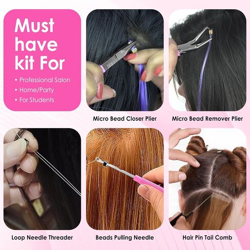 Beauty & Crafts Micro Links Hair Extensions Kit- Stainless Steel Beads Closer and Remover plier, Hair Extensions Loop Needle Pulling Hook, Bead Tool for Hair or Feather Extensions with Leather Pouch in Saudi Arabia