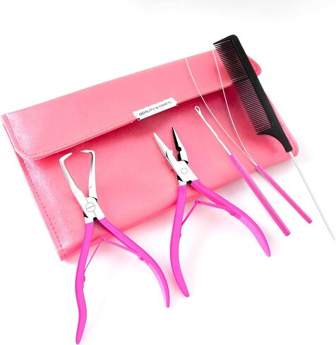 Beauty & Crafts Micro Links Hair Extensions Kit- Stainless Steel Beads Closer and Remover plier, Hair Extensions Loop Needle Pulling Hook, Bead Tool for Hair or Feather Extensions with Leather Pouch in Saudi Arabia