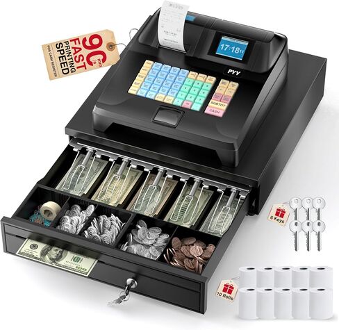 PYY Cash Register for Small Businesses - Electronic Commercial Caja Registradora para Negocio with Lock Cash Drawer Box, 8 Digital Dual Display, 48 Keys, POS System Retail Restaurant Supermarket in Saudi Arabia