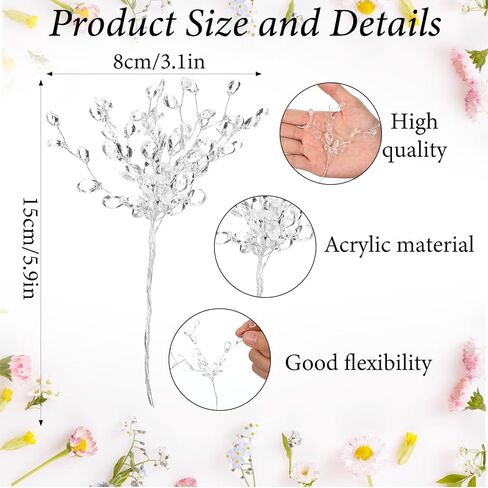 TIESOME 25 Pcs Acrylic Bead Drop Stems Flower Bouquet, Artifial Bead Drop Bouquets Crystal Flower Stem Branches Floral Acrylic Picks Arrangement for Wedding Home Decoration Floral Decor Craft Supply in Kuwait