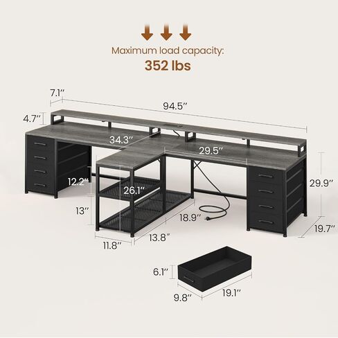 SEDETA 94.5 "مكتب ألعاب شخصيان ، مكتب كمبيوتر طويل للمكتب مع 8 أدراج وأضواء LED ، مكتب شخصين مع تخزين ، قطاع الطاقة ومراقبة المكتب المنزلي ، الرمادي in Kuwait