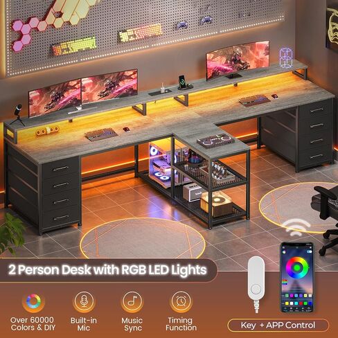 SEDETA 94.5 "مكتب ألعاب شخصيان ، مكتب كمبيوتر طويل للمكتب مع 8 أدراج وأضواء LED ، مكتب شخصين مع تخزين ، قطاع الطاقة ومراقبة المكتب المنزلي ، الرمادي in Kuwait