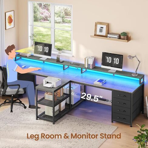 SEDETA 94.5 "مكتب ألعاب شخصيان ، مكتب كمبيوتر طويل للمكتب مع 8 أدراج وأضواء LED ، مكتب شخصين مع تخزين ، قطاع الطاقة ومراقبة المكتب المنزلي ، الرمادي in Kuwait