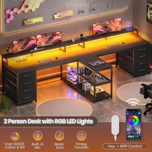 SEDETA 94.5 "مكتب ألعاب شخصيان ، مكتب كمبيوتر طويل للمكتب مع 8 أدراج وأضواء LED ، مكتب شخصين مع تخزين ، قطاع الطاقة ومراقبة المكتب المنزلي ، الرمادي in Kuwait