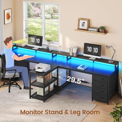 SEDETA 94.5 "مكتب ألعاب شخصيان ، مكتب كمبيوتر طويل للمكتب مع 8 أدراج وأضواء LED ، مكتب شخصين مع تخزين ، قطاع الطاقة ومراقبة المكتب المنزلي ، الرمادي in Kuwait