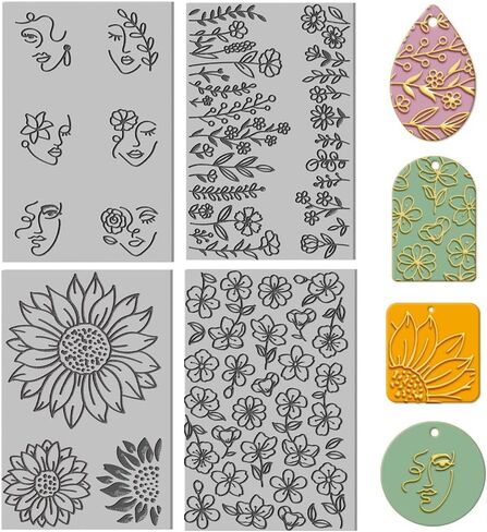 CHGCRAFT 4PCS Polymer Clay Texture Sheets Plants and Flowers Texture Stamp Clear Clay Texture Sheets Polymer Clay Texture Mat Flower Pattern Pad for Making Earrings Jewerly, 4x2.6inch in Saudi Arabia