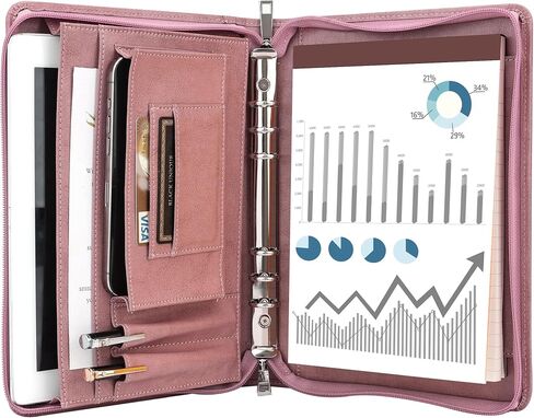 Kisski A5 Plannner Binder Padfolio للنساء ، مجلدات استئناف صغيرة 6 حلقة للمقابلة ، منظم محفظة من الجلد النباتي مع السوستة و 1pc a5 المفكرة ، حامل بطاقة/قلم ، هدايا ، وردي in Kuwait