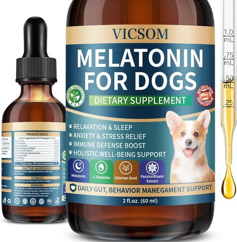 Liquid Melatonin for Dogs, Dog Melatonin with L-Theanine for Small Medium Large Dog Sleep Aid, Stress & Anxiety Relief, Calm Aid for Dogs Puppies, Support Relaxation & Deep Sleep, 60ml in Kuwait