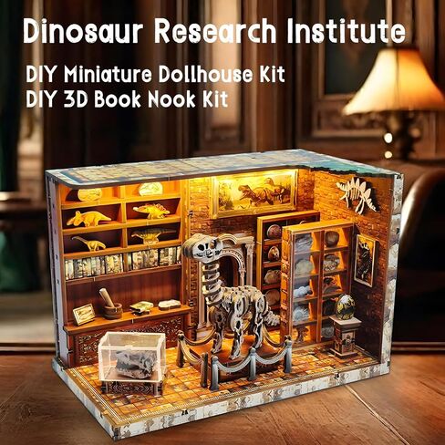 DIY Miniature House Kit ، Dollhouse Kit للبالغين والمراهقين والمبتدئين ، مجموعة حرفة طراز ثلاثية الأبعاد مع LED ، معهد أبحاث الديناصورات ، ديكور رف الكتب ، هدية لأصدقاء العائلة in Saudi Arabia