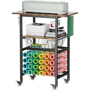 عربة قائمة انتظار مع عجلات متوافقة مع آلات Cricut ، تنظيم الحرفية وموقف التخزين مع طاولة حرفية لإكسسوارات Cricut ، عربة تخزين المتداول مع 24 Hollers لفائف الفينيل ， أسود in Kuwait
